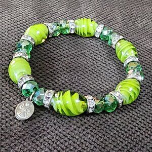 Amazon Green Beaded Rhinestone Stretch Bracelet
